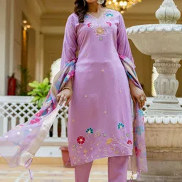 KALINI Women Floral Embroidered Thread Work Kurta with Trousers & With Dupatta image 5