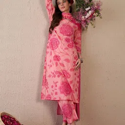 Indo Era Women Floral Printed Regular Pure Cotton Kurta with Trousers & With Dupatta image 4