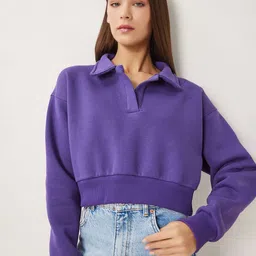 Happiness istanbul Women Ribbed Shirt Collar Long Sleeves Oversized Crop Sweatshirt-picture-24