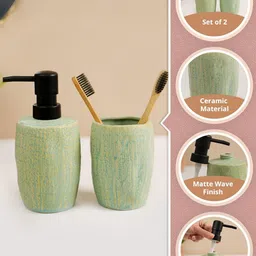 MARKET99 Set Of 2 Green Wave Ceramic Bathroom Set image 2