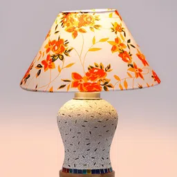 Devansh White & Orange Floral Printed Frustum Shaped Wooden Table Lamp image 3