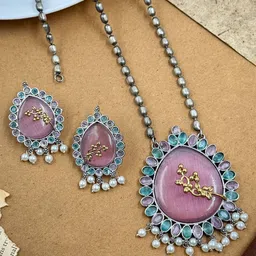 NAMAN ARTS Silver-Plated Oxidised Stone-Studded & Beaded Jewellery Set-image-63