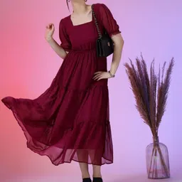 Femvy Puff Sleeve Georgette Fit & Flare Maxi Dress-picture-28