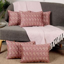 TANLOOMS Pink & Gold 5 Pieces Velvet Rectangle Geometric Cushion Covers-picture-46