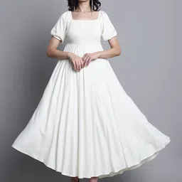 Aawari Women Solid Square Neck Smocked Puff Sleeves Fit And Flare Dress-image-12