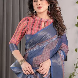 ALMAARI FASHION Ethnic Motifs Woven Design Zari Pure Cotton Banarasi Saree & Blouse Piece image 2