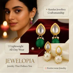 JEWELOPIA Gold-Plated Kundan Studded Teardrop Shaped Drop Earrings image 3