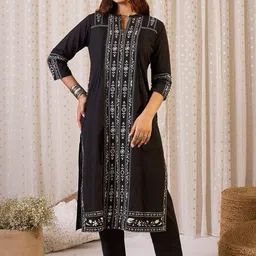 Indo Era Ethnic Motifs Printed Mandarin Collar Pure Cotton Straight Kurta & Trousers-picture-36