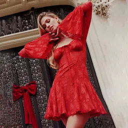 bebe Lace Details Bell Sleeve Fit & Flare Dress-image-5