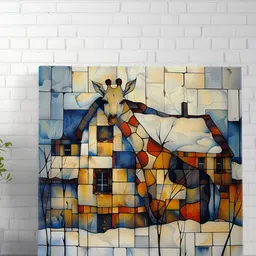 SAF Blue & Red Giraffe Mosaic Printed Canvas Wall Art image 2