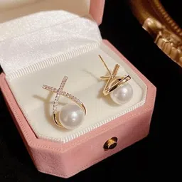 tvi Korean Studded Cross Big White Pearl Drop Earrings For Women/Girls Cubic Zirconia Alloy Stud Earring image 2