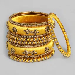 Peora Set Of 10 Yellow & Gold-Plated Silk Thread Handcrafted Chuda Bangle Set image 4