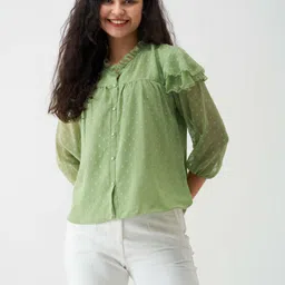 aask Casual Puff Sleeves Self Design Women Green, White Top-picture-16
