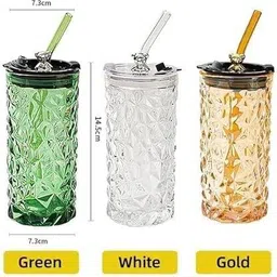 idona creation Glass Cup with Straw Transparent Tumbler Coffee Milk Mug with Lid and Straw Glass Water/Juice Glass image 3