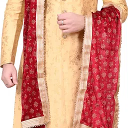 Diamond Style Traditional Groom Sherwani Golden with Dupatta Pajama Mala Embroidered Sherwani image 1
