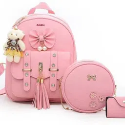 ss enterprises Small 20 L Backpack Small 5 L Backpack Small 5 L Backpack Choice 3-PCS smart Fashion Cute Stylish Leather Backpack & Sling Bag Set for Women, School & College Girl's. (Pink) (Pink)-picture-15