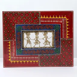 Exotic India Blue & Maroon Textured Metal Warli Art With Wooden Framed Wall Decor-image-17