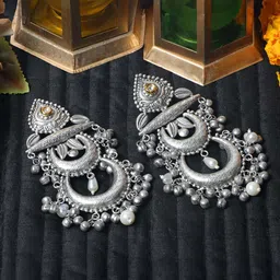 BlingNation Silver-Plated Artificial Stones Studded & Beaded Crescent Shaped Drop Earrings-picture-33