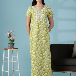 9shines Label Floral Printed Round Neck Short Sleeves Pure Cotton Maxi Nightdress-image-20