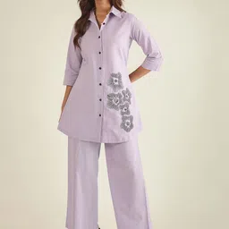 WineRed Embroidered Three-Quarter Sleeves Pure Cotton Shirt With Trouser-image-4