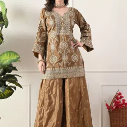 Shop Begum Women Ethnic Motifs Embroidered Regular Thread Work Kurta with Sharara & With Dupatta image 3