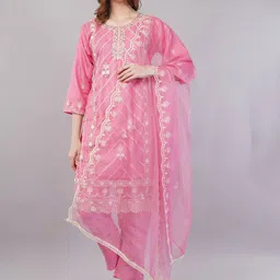 JIDI FASHION Floral Embroidered Sequinned Round Neck Organza Kurta With Trousers & Dupatta-image-61