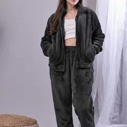TAG 7 Women Fur Winter Shirt Collar Top Drawstring Pyjama Full Zip Night Suit-picture-24
