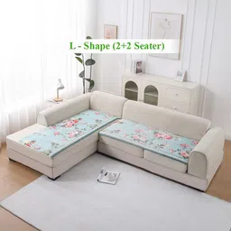 HOKIPO LiefNest Blue 2 Pc Printed Velvet L Shape 4 Seater Sofa Cover Mat with Foam Filling-image-9