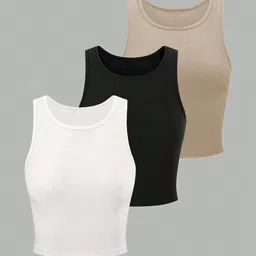 BAESD Pack Of 3 Ribbed Round Neck Sleeveless Tank Crop Tops-picture-28