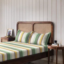 The Happy Pod Green Stripe Pure Cotton 144 TC Flat King Bedsheet With 2 Pillow Covers image 2