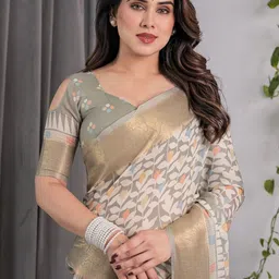 ALMAARI FASHION Floral Print Woven Design Pure Cotton Banarasi Saree image 2