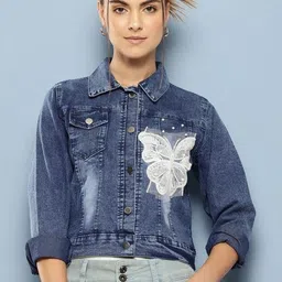 CORSICA Women Navy Blue Cotton Denim Jacket-image-55