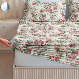 bsb home Pink & Green Floral 210 TC Queen Bedsheet with 2 Pillow Covers-image-90