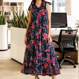 Ambraee Black Tiered & Floral Tie-up Dress-picture-15