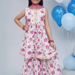 Little Bansi Girls Floral Printed Regular Pure Cotton Kurta with Sharara & With Dupatta-picture-23