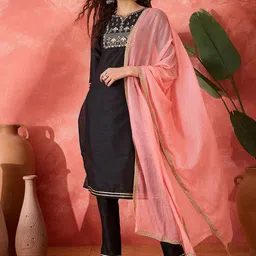 Sangria Floral Embroidered Gotta Patti Straight Kurta with Trouser & Dupatta-image-77