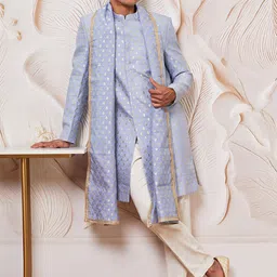 VASTRAMAY Men Self-Design Mandarin Collar Sherwani Set With Dupatta-picture-32