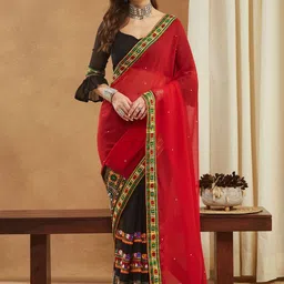 KAVINDI Ethnic Motifs Embroidered Mirror Work Pure Georgette Saree-image-48
