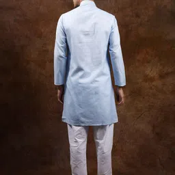 Exotic India Men Blue Elixir Pure Cotton Plain Casual Kurta with White Pajama image 2