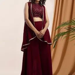 PARROT CREATION Geometric Embroidered Halter Neck Crop Top With Palazzos & Shrug-picture-22