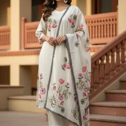 SARSO Women Floral Printed Regular Linen Kurta with Trousers & With Dupatta-picture-36