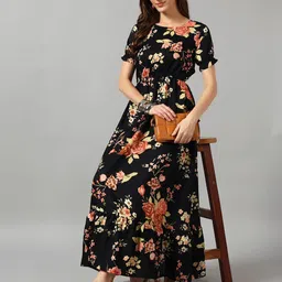 Femvy Women Floral Printed Round Neck Flared Fit and Flare Dress-image-19