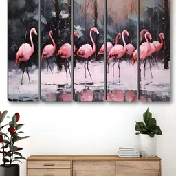 Aura Pink & Green 5 Piece Synthetic Wood Birds and Animals Wall Paintings-image-79