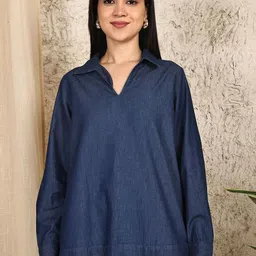 PUELLA Women Shirt Collar Denim Cotton Shirt Style Longline Top-image-45