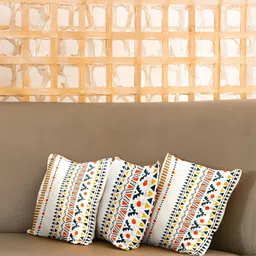 URBAN SPACE Orange & White 3 Pieces Geometric Printed Cotton Square Cushion Covers-picture-20
