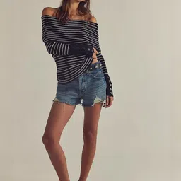 LULU & SKY Striped Off-shoulder Buttoned Sweater image 3