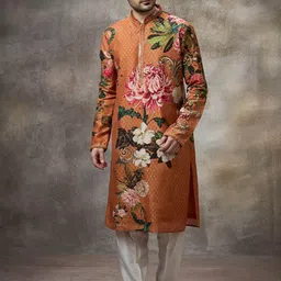 Rivaar By Rocky Star Floral Printed Mandarin Collar Straight Kurta With Trousers-picture-12