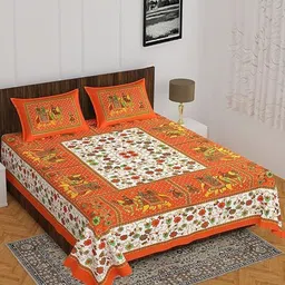 Dhawariya's Orange & White Floral 144 TC Queen Bedsheet with 2 Pillow Covers-picture-26