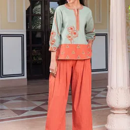 SAVI Embroidered Mandarin Collar Pure Cotton Tunic With Trousers image 1