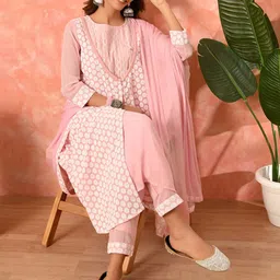 Sangria Women Solid Embroidered Kurta with Trousers & Dupatta image 4